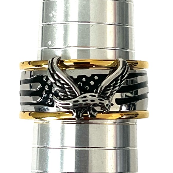 American Eagle Goth Biker Ring Stainless Steel Silver and Gold - Picture 1 of 9